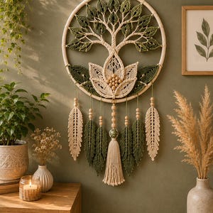 May include: A circular macrame wall hanging featuring a central tree of life design with cream and olive green cord. The piece includes a lotus-shaped base, wooden beads, and several dangling feather-shaped macrame accents with a central tassel.