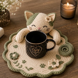 Blooming Cat Mug Rug Crochet Pattern | Smiling Cat Coaster PDF (Digital Download)