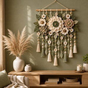 May include: A wall hanging featuring crocheted flowers and leaves in shades of cream, sage green, and olive. The piece is suspended from a wooden dowel with hanging strands of beads, small crocheted flowers, leaf motifs, and cream tassels.