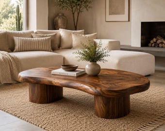 Handcrafted Organic Wooden Coffee Table, Sculptural Walnut Coffee Table, Modern Irregular Center Table