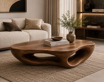 Mesa de centro de madera orgánica hecha a mano, mesa de centro escultural de nogal, mesa de centro curva moderna