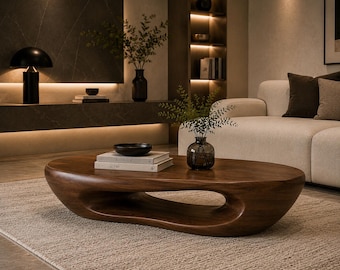 Mesa de centro escultural de madera hecha a mano, mesa de centro moderna orgánica de nogal, mesa de centro curva de lujo