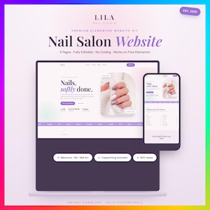 May include: A digital website kit for a nail salon named LILA, featuring a desktop and mobile interface display. The design uses a soft purple and white colour palette, showcasing text that reads Nails, softly done and includes five pages.