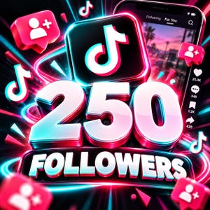 Peut inclure: Un graphique numérique affichant le nombre 250 et le mot FOLLOWERS en lettres blanches 3D en gras. Le design inclut le logo TikTok, plusieurs icônes de notification de suivi roses et une interface de smartphone avec des statistiques.