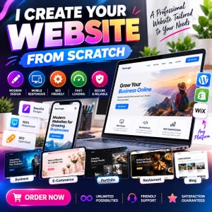 Peut inclure: Une publicité numérique pour des services de création de sites web avec un ordinateur portable et un smartphone affichant des mises en page. Le texte inclut I CREATE YOUR WEBSITE FROM SCRATCH et ORDER NOW avec diverses icônes.