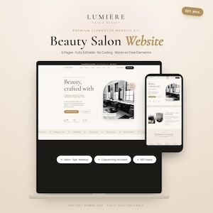 Peut inclure: Un kit de site web numérique pour un salon de beauté nommé Lumière, affiché sur un écran d'ordinateur portable et de smartphone. L'interface présente un schéma de couleurs beige et noir avec le texte Beauty, crafted with intention et Salon, Spa, Makeup.