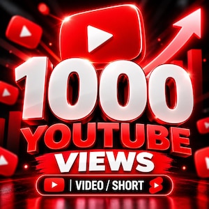 Könnte beinhalten: Eine Grafik mit dem fetten weißen Text 1000 YOUTUBE VIEWS und einem roten YouTube-Wiedergabesymbol darüber. Darunter befindet sich ein schwarzer rechteckiger Balken mit dem Text VIDEO / SHORT und den roten YouTube- und Shorts-Symbolen auf rotem Grund.