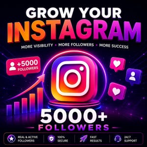 May include: A digital graphic featuring the text GROW YOUR INSTAGRAM, MORE VISIBILITY, MORE FOLLOWERS, MORE SUCCESS, and 5000+ FOLLOWERS. It displays a 3D Instagram logo, a rising bar chart, notification icons, and labels for real followers.