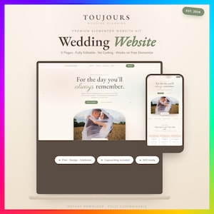 Op de afbeelding: Een digitale websitekit voor bruiloftsplanning genaamd Toujours, weergegeven op een laptop- en smartphonescherm. De interface heeft een crèmekleurige achtergrond, donkere tekst en een foto van een koppel in een veld. Bevat tekst: Plan, Design, Celebrate.