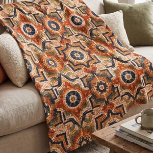 Roman Mosaic Pattern Velveteen Plush Blanket, Mediterranean Tile Throw, Vintage Geometric Blanket, Boho Luxury Home Decor