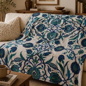Ottoman Iznik Bloom Plush Blanket | Turkish Floral Tile Inspired Home Decor