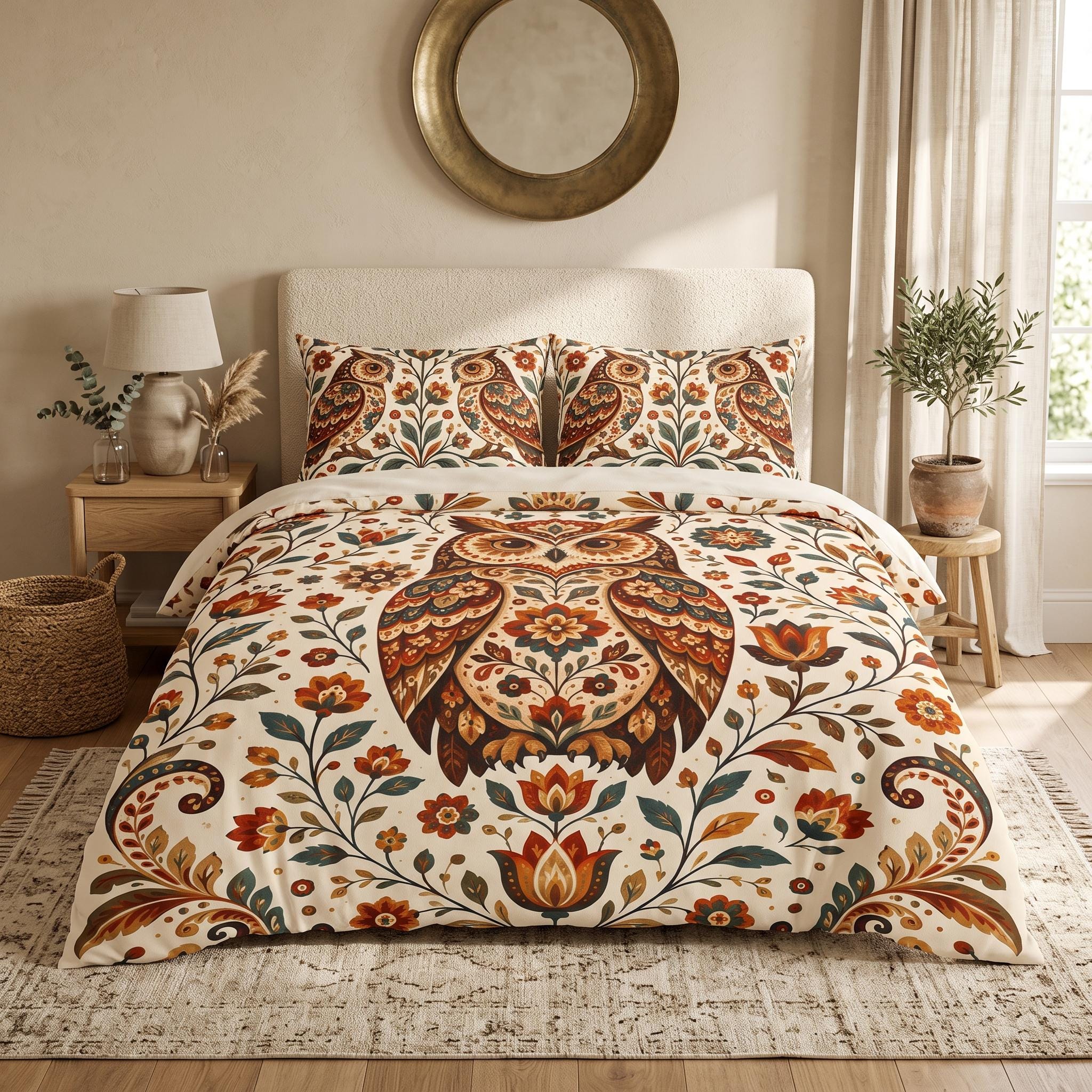 Owl Cotton Bed Set, Botanical Duvet Cover, Boho Folk Art Bedding, Vintage Owl Bedroom Decor