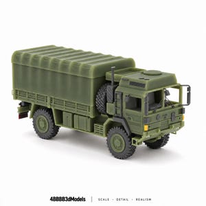 May include: An olive green military cargo truck model featuring a covered bed, a spare tire mounted behind the cab, and detailed exterior components. The text 4BBBB3dModels | SCALE • DETAIL • REALISM is printed at the bottom.