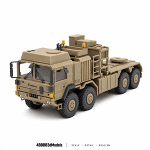 May include: A tan-coloured scale model of a heavy-duty military truck featuring a multi-axle chassis, a detailed cabin with windscreen wipers, and a rear cargo bed equipped with a ladder and storage structures. The text 4BBBB3dModels is visible.