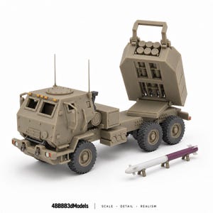May include: A tan-colored military rocket launcher truck model with a raised launch pod containing six cylindrical rockets. A separate purple and white missile rests on the ground nearby. The text 4BBBB3dModels | SCALE · DETAIL · REALISM is visible.