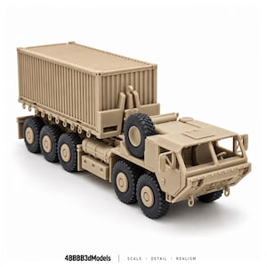 May include: A tan-coloured military truck model featuring a large cargo container on the back, eight wheels, and a spare tyre mounted behind the cab. The text 4BBBB3dModels | SCALE | DETAIL | REALISM is printed at the bottom of the image.