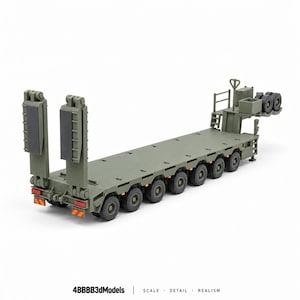 May include: An olive green lowboy trailer model featuring multiple axles with black tyres, a flatbed deck, and two vertical rear loading ramps. The front section includes a raised platform with a small box and ladder. Text reads 4BBBB3dModels.