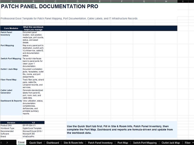 K&ouml;nnte beinhalten: Eine digitale Excel-Vorlage mit dem Titel Patch Panel Documentation Pro f&uuml;r IT-Infrastrukturaufzeichnungen. Die Tabelle zeigt Kernmodule wie Patch-Panel-Inventar, Port-Mapping, Switch-Port-Mapping, Outlet-Jack-Map und Kabel-Label-Generator.