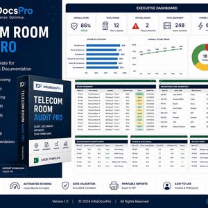 Könnte beinhalten: Eine digitale Produktdarstellung für InfraDocsPro Telecom Room Audit Pro, eine Excel-Vorlage. Das Bild zeigt ein 3D-Box-Modell, ein Executive-Dashboard, eine Raumzusammenfassung, ein Infrastruktur-Inventar und verschiedene Datentabellen.