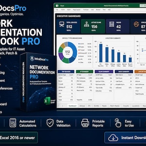 May include: InfraDocsPro Network Documentation Workbook Pro, a professional Excel template for IT asset inventory, IP, VLAN, rack, patch, and circuit documentation. Includes an executive dashboard, 10+ worksheets, automated calculations, and data validation.