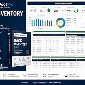 May include: InfraDocsPro Rack Inventory Pro Excel template for IT infrastructure documentation. Includes a 3D box mockup, an executive dashboard with charts, and detailed inventory tables for racks, equipment, patch panels, and power environments.