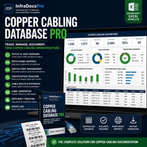 Puede incluir: Plantilla de Microsoft Excel InfraDocsPro Copper Cabling Database Pro para documentación de TI. Incluye un panel con gráficos, tablas y herramientas de seguimiento para tomas, paneles de conexión y puertos de conmutador, caja y etiquetas.