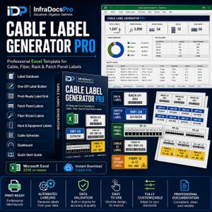 Puede incluir: Software Cable Label Generator Pro mostrado en un panel digital con una caja de producto, incluyendo plantillas de Excel para etiquetas de cables, fibra, racks y paneles de parcheo, con varios ejemplos de etiquetas impresas con códigos de barras.