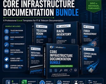 IT-lnfrafrakurz-Dokumentations-Bundle | Telecom Raum-Audit, Rack-Inventarisierung, Glasfaser, Patch-Panel und Kabel Vorlagen