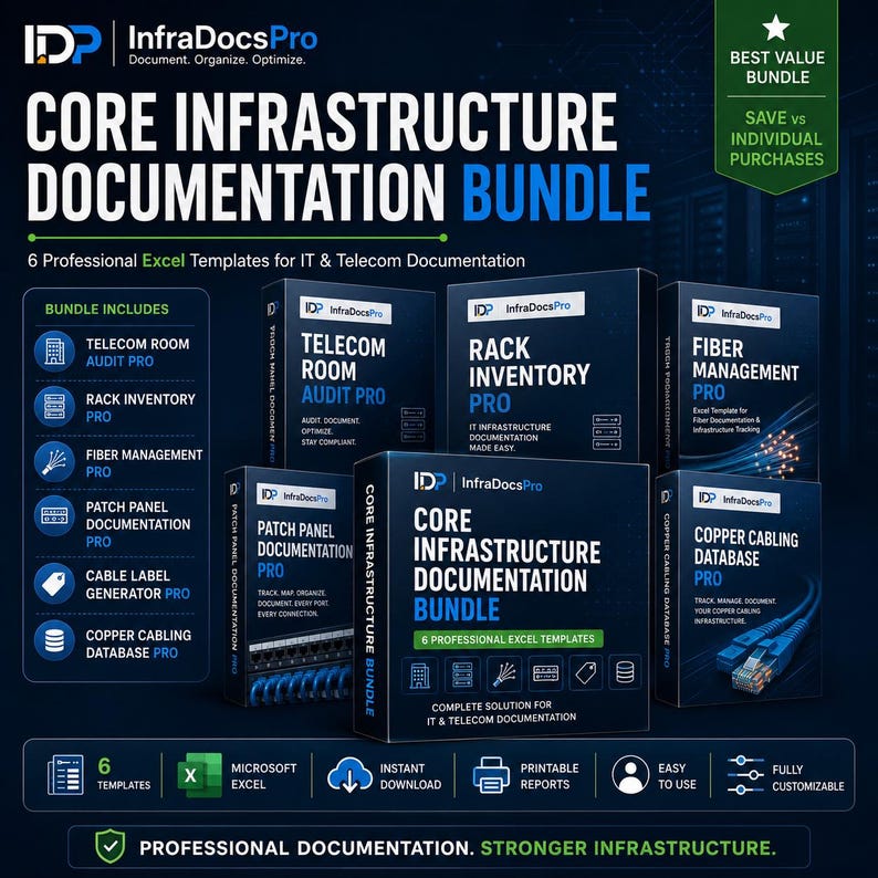 May include: A digital product bundle titled Core Infrastructure Documentation Bundle featuring six professional Excel templates for IT and telecom documentation, including audit, rack inventory, fiber management, patch panel, label, and copper database tools.