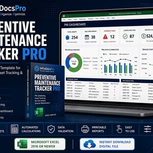 May include: A digital Preventive Maintenance Tracker Pro Excel template displayed on a laptop screen and a product box. The dashboard shows asset data, service costs, and compliance rates. Includes features for PM scheduling, asset tracking, and service history.