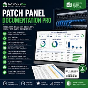 Puede incluir: Plantilla de Microsoft Excel InfraDocsPro Patch Panel Documentation Pro para el seguimiento de infraestructura de red. La pantalla muestra un panel con uso de puertos, tipos de conexión y un mapa de puertos. Incluye funciones de inventario y etiquetado.