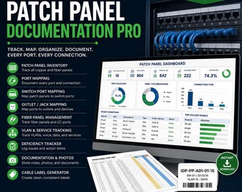Patch Panel Documentation Excel Template | Port Mapping | Network Cable Tracker | Switch Port & VLAN Workbook
