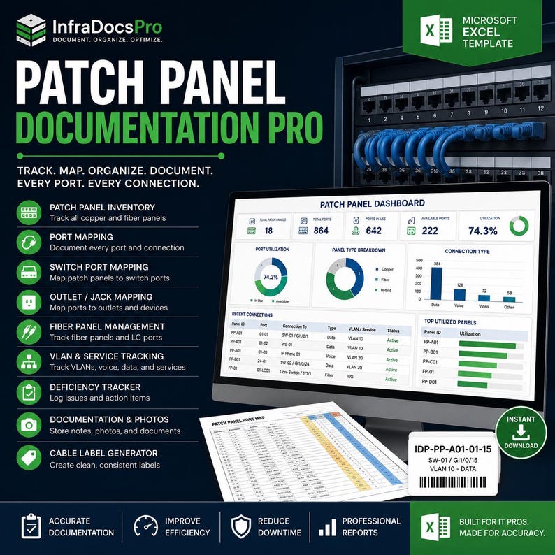 K&ouml;nnte beinhalten: InfraDocsPro Patch Panel Documentation Pro Microsoft Excel-Vorlage zur Nachverfolgung der Netzwerkinfrastruktur. Das Display zeigt ein Dashboard mit Portauslastung, Verbindungstypen und einem Portplan. Enth&auml;lt Funktionen f&uuml;r Inventar, Mapping und Etikettierung.