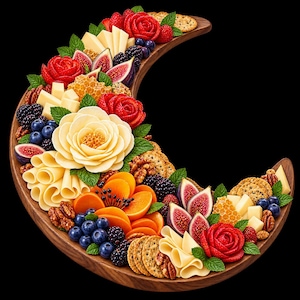 May include: A crescent-shaped wooden serving board arranged with a variety of food items including sliced yellow cheese, red strawberry roses, fresh blueberries, blackberries, halved figs, orange fruit slices, crackers, walnuts, and honeycomb.