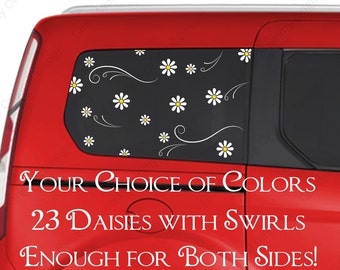 Decal Kit - 23 Daisies with Wind Swirls - YOUR CHOICE of COLORS - Decorate your Car, Mirror, Laptop, Window, Locker, Tablet, Appliance, Etc.