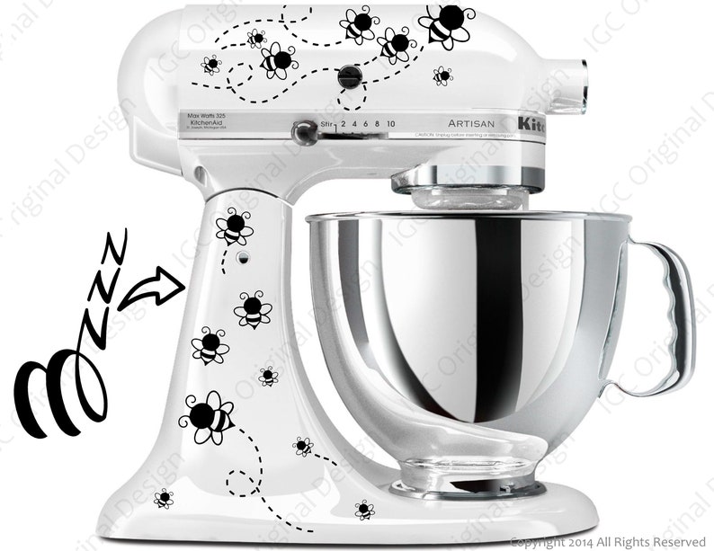 Bee Print Decal Kit YOUR COLOR CHOICE for your Kitchen Stand Mixer Plus a Free Bonus Decal 6 Bzzz for the back of your mixer. image 4