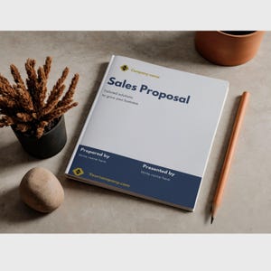 May include: A white sales proposal document with dark blue text reading Sales Proposal, Tailored solutions to grow your business, Prepared by, and Presented by. The document features a yellow logo and the website Yourcompany.com on a dark blue footer.