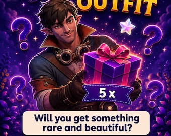 May include: A digital illustration featuring a character holding a purple gift box with a pink ribbon. Text reads: MYSTERY OUTFIT, 5x, Will you get something rare and beautiful?, EXCLUSIVE OUTFITS, RARE ITEMS, UNIQUE STYLES, SURPRISE INSIDE! Icons show a dress, shirt, star, and box.