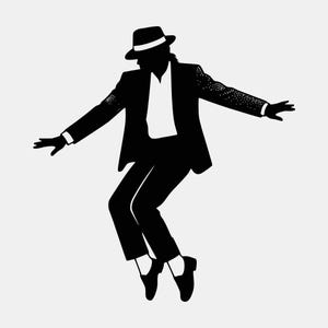 Puede incluir: Una silueta gráfica en blanco y negro de un bailarín con sombrero fedora, chaqueta de traje y pantalones, capturado en el aire en una pose dinámica con los brazos extendidos. La figura presenta una camisa blanca, calcetines blancos y zapatos oscuros.