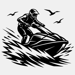 Peut inclure: Une illustration graphique en noir et blanc représentant une personne portant un casque et un équipement de protection sur un jet ski fendant l'eau. Le design présente des vagues stylisées autour du jet ski et trois oiseaux en arrière-plan.