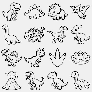 May include: A collection of sixteen black and white line art illustrations featuring various dinosaurs, a dinosaur footprint, a nest with three eggs, and an erupting volcano. Each icon is rendered in a simple, clean, and bold outline style.