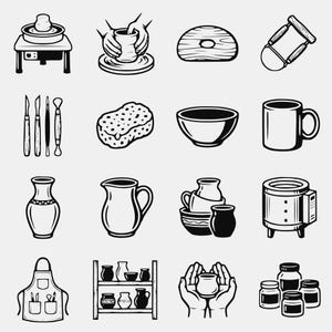 Pode incluir: Uma coleção de dezasseis ícones a preto e branco que representam ferramentas de olaria e cerâmica, incluindo uma roda de oleiro, ferramentas de escultura, uma esponja, uma taça, uma caneca, um vaso, um jarro, um forno, um avental, uma prateleira e frascos.