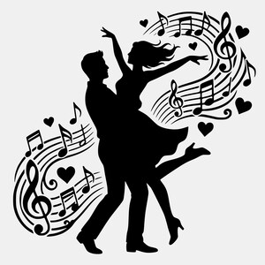 May include: A black silhouette graphic featuring two figures dancing together. The design includes swirling musical staves, various musical notes, and several heart shapes surrounding the couple, creating a dynamic and rhythmic visual composition.