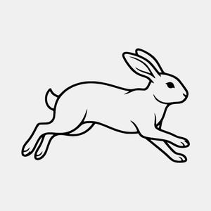 May include: A black and white line art illustration of a rabbit in a running or leaping pose. The design features a clean, bold outline of the animal in profile, showing long ears, a small tail, and extended legs, captured in a simple graphic style.