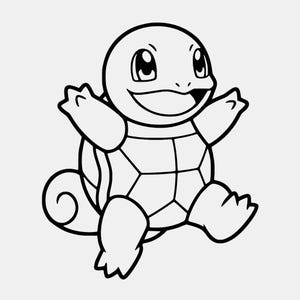 May include: A black and white line art illustration of a small, bipedal turtle-like creature with a rounded head, large eyes, a wide smiling mouth, a shell on its back with a segmented pattern, and a curled tail, depicted in a cheerful pose.