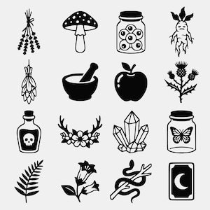 May include: A collection of sixteen black and white icons featuring a bundle of herbs, a mushroom, a jar of eyeballs, a mandrake root, a hanging plant, a mortar and pestle, an apple, a thistle, a skull bottle, antlers with flowers, crystals, a butterfly jar, a fern, a bellflower, a snake on a branch, and a crescent moon card.
