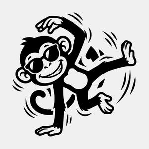 Könnte beinhalten: Eine schwarz-weiße grafische Illustration eines Affen mit Sonnenbrille. Der Affe ist in einer dynamischen Pose mit einem erhobenen Arm und einem ausgestreckten Bein dargestellt, wobei geschwungene Bewegungslinien den Körper umgeben.