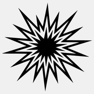 May include: A black and white graphic illustration of a multi-pointed starburst shape. The design features a solid black circular center surrounded by two layers of sharp, radiating triangular spikes that create a high-contrast geometric pattern.