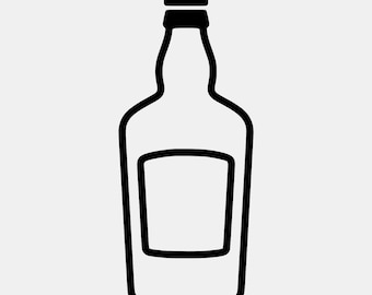 May include: A black and white line art illustration of a liquor bottle. The graphic features a simple silhouette of a bottle with a distinct neck, a cap at the top, and a rectangular label area in the center, all rendered in bold black outlines.