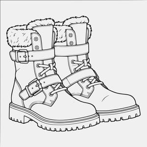 Peut inclure: Une paire de bottes en dessin au trait noir et blanc avec une semelle crantée épaisse, un col doublé de fausse fourrure et deux sangles réglables avec boucles métalliques sur le devant. Les bottes incluent un laçage avec œillets métalliques.